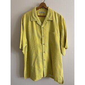 Tommy Bahama Silk Button Front Shirt Yellow Floral Hawaiian Resort L Large